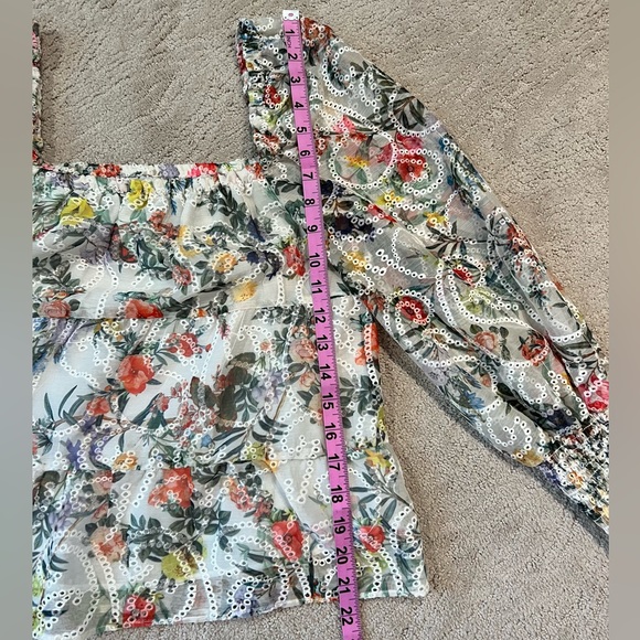 Alice + Olivia | Rowa Smocked Eyelet Floral & Butterfly Blouse, Size XS - Picture 6 of 14